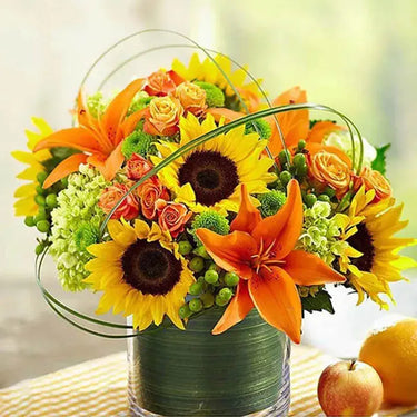 Sunny Sunrise, Blooming Arrangement, Glass Vase, Sunflowers, Orange Lilies, Spray Roses, Hypericum